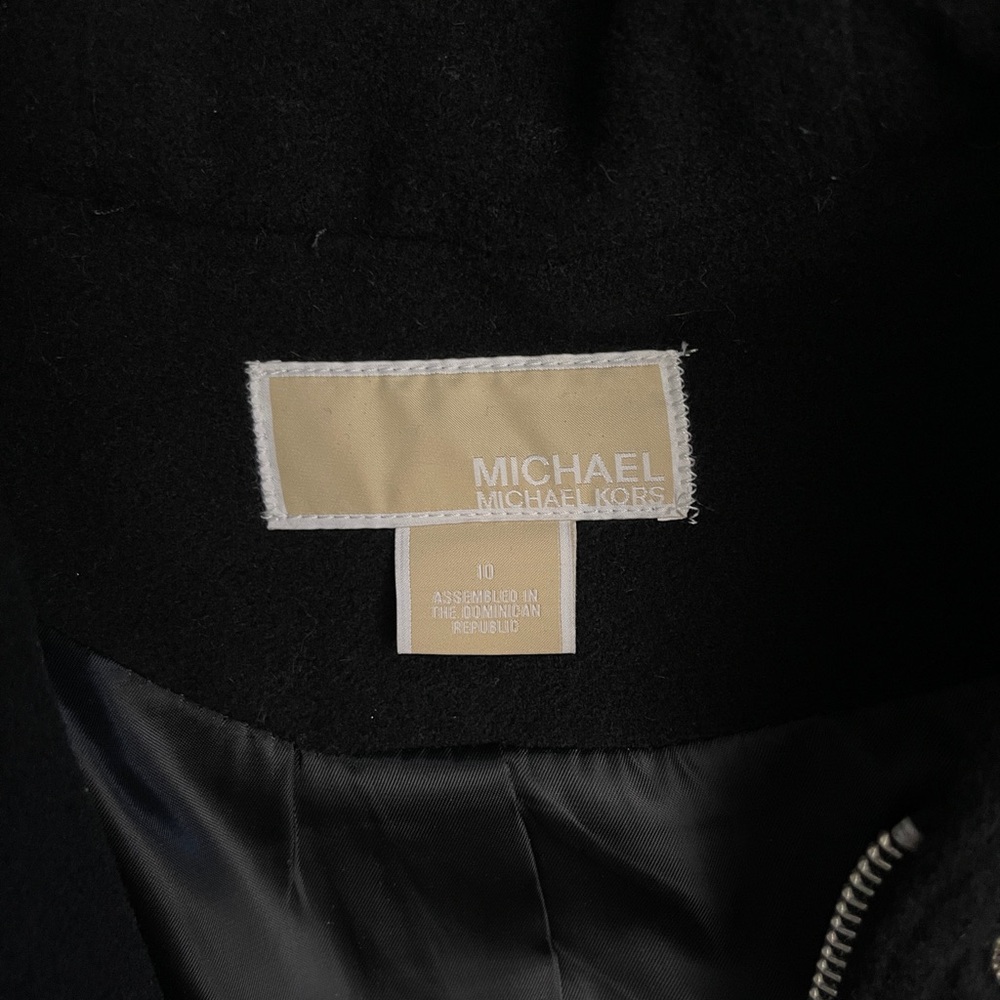 Michael Kors Black Wool Zip Snap Button Front Hooded Pocket Mid Knee Overcoat - Picture 9 of 11